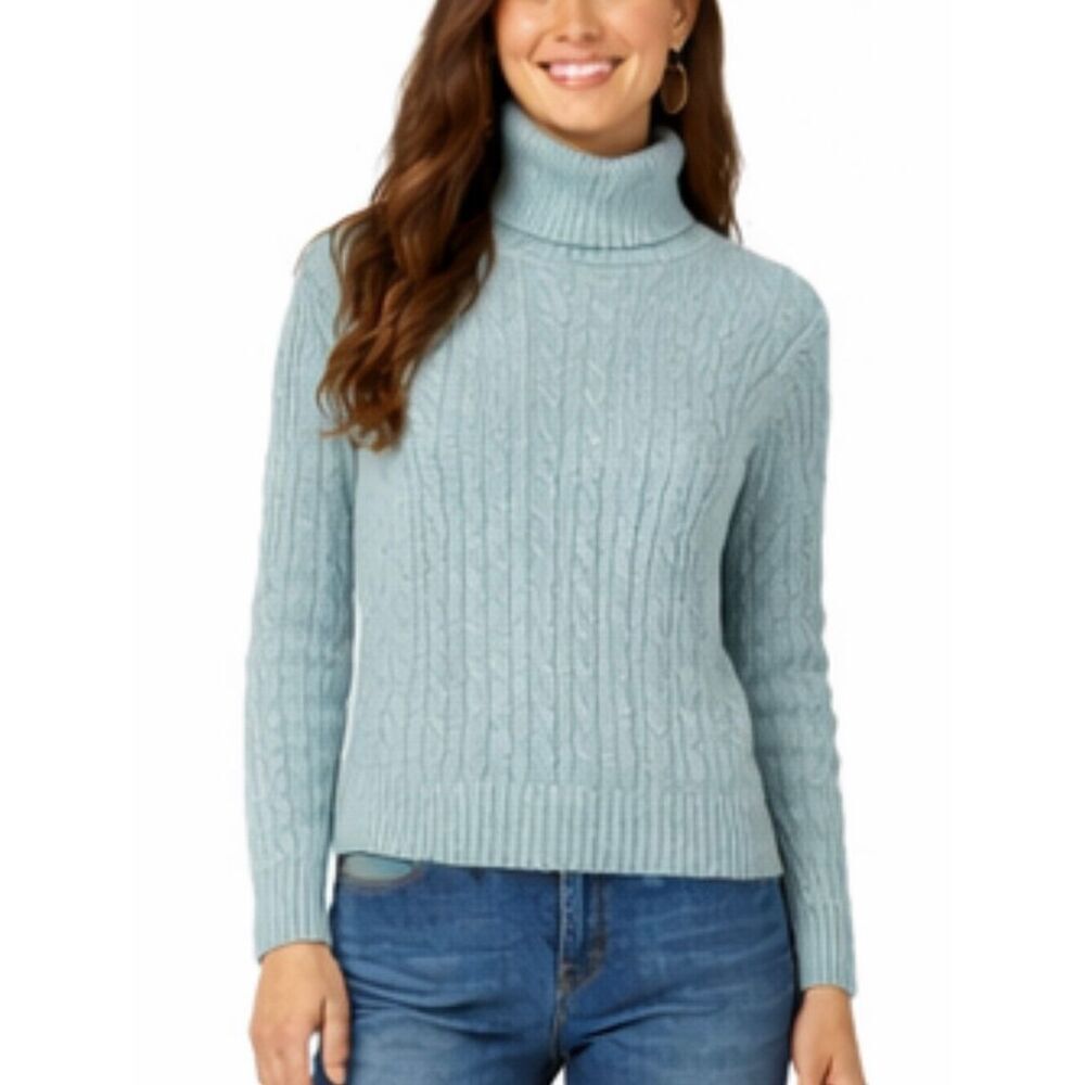 Talbots vintage silk cashmere blend cableknit turtleneck sweater blue small